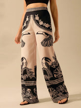 CAJUNI Women's Boho Tropical Bird & Plant Print Black Relaxed Straight Leg High Waist Casual Beach Pants, Khaki